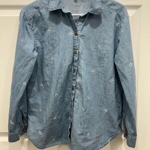 Jane Delancey Denim Floral Embroidered Button-Up Collared Long Sleeve Blue S